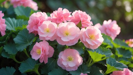Poster - Beautiful pink wax begonias blooming in the fall, abstract flowers, bright sunny day.