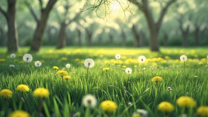 Poster - Wide format image of a beautiful forest lawn featuring fresh grass and yellow dandelions set against a blurred background.