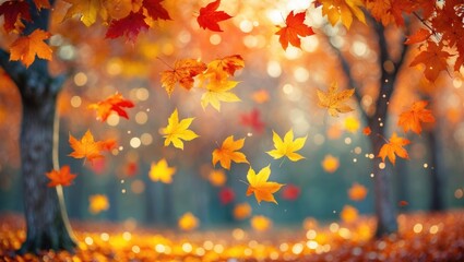 Poster - Beautiful orange and yellow autumn foliage set against a blurred backdrop with sunlight and bokeh.