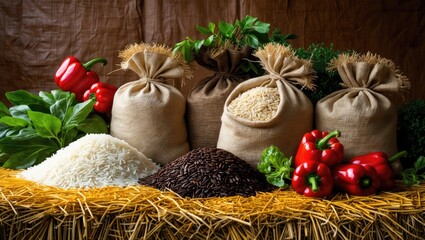 Poster - rice in bags on a rice tube backdrop in a local market