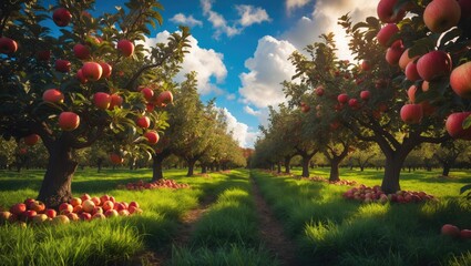Aufkleber - Apple orchard featuring red ripe apples on branches. Two rows of apple trees laden with fruit under a blue sky almost ready for picking. Apple orchard. Shot.