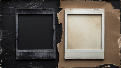 Poster - Old Black Blank Aged Vintage Retro Damaged Paper Cardboard Photo Frame. Empty Front and Back Side. Rough Grunge Shabby Scratched Texture. Distressed Overlay Surface for Collage.