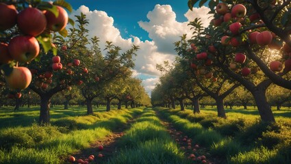 Aufkleber - Apple orchard featuring red ripe apples on branches. Two rows of apple trees brimming with fruit under a blue sky, nearly ready for picking. Apple orchard. Shot.