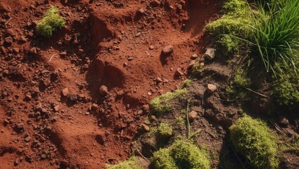 Poster - Red soil alongside a grassy background or texture.