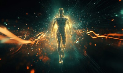 Poster - Digital human figure in glowing wireframe with energetic background effects