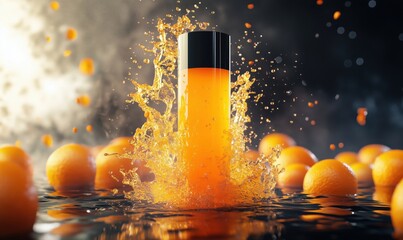 Poster - Splashing orange juice with oranges in water creating vibrant visual effect