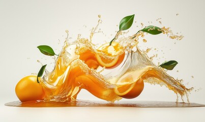 Poster - Dynamic splash of orange juice with fresh oranges and leaves