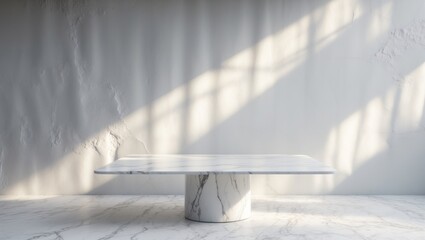 Poster - Marble table with textured wall background featuring light beam and shadow, ideal for product presentation backdrop, display, and mock-up.