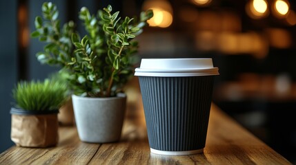 Aufkleber - A black coffee cup is placed on a wooden table in a cozy cafe. Small green plants are nearby, creating a warm and inviting atmosphere perfect for relaxation.