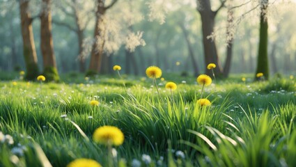 Poster - Wide format image showcasing a beautiful, pristine forest lawn with fresh grass and yellow dandelions set against a blurred background.