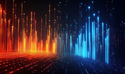 Poster - vibrant abstract digital landscape with glowing lines in orange and blue hues
