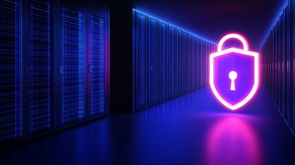 Poster - Bright Neon Lock Symbol in Data Center Representing Cybersecurity and Data Protection Concept in Modern Technology