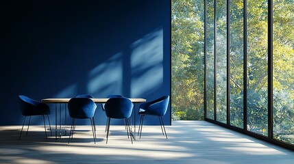 Poster - Modern Dining Room Interior Design with Blue Velvet Chairs and Natural Light