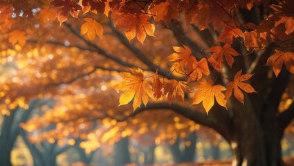 Poster - Stunning image of an autumn tree filled with brown leaves, with light filtering through the foliage.