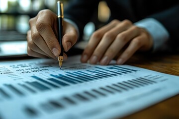 Poster - Business professional analyzing financial reports and graphs in modern office setting