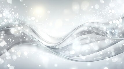 Poster - Silvery waves undulating softly across pale gray background, glinting with luminous particles and ethereal bokeh, forming minimalist abstract design