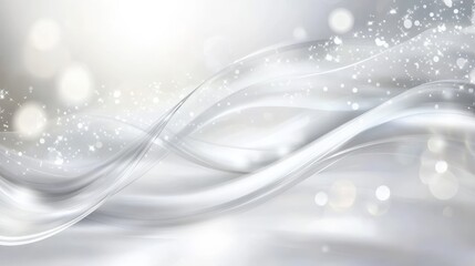 Poster - Sleek metallic waves undulating across luminous surface, embellished with glittering particles and soft bokeh, generating sophisticated abstract visual design