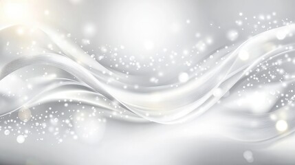 Poster - Smooth silver waves undulating across gradient backdrop, glimmering particles highlighting sleek, luxurious abstract digital composition emphasizing contemporary elegance