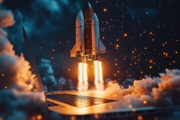 Poster - Rocket launching from a laptop displays innovative technology in a digital environment at night