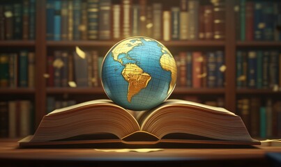 Poster - Globe resting on open book in library symbolizing knowledge and exploration
