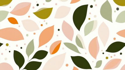 Poster - Colorful leaf pattern with orange, green, and pink dots, creating organic botanical background design for textile, wallpaper, and packaging
