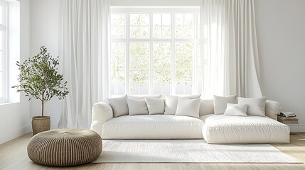 Poster - Modern Living Room Interior Design with White Sofa and Large Window