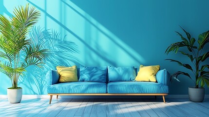 Poster - Modern Living Room Interior with Blue Sofa and Sunlight