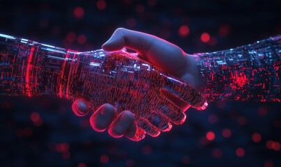 Poster - human and robotic hands shaking symbolizing partnership and technology integration