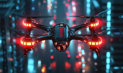 Poster - Futuristic drone flying over a vibrant cityscape at night with glowing lights