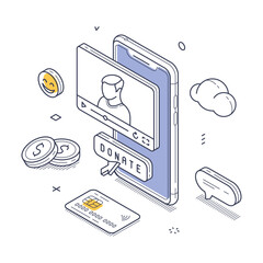 Poster - Isometric line art showcasing a smartphone with a donation interface. Surrounding elements include coins and emotive icons symbolizing support and engagement. Vector illustration