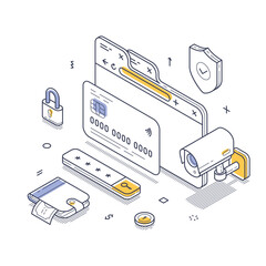 Poster - Secure payment mechanisms such as credit cards, digital wallets, and security elements. Emphasizes safety in online transactions and user protection. Modern isometric line art vector illustration