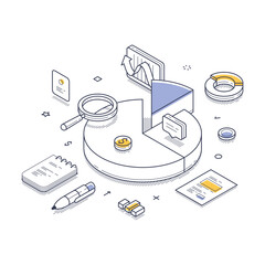 Poster - Market analysis through a detailed visualization featuring pie charts, graphs, and tools like a magnifying glass. Modern isometric line art vector illustration
