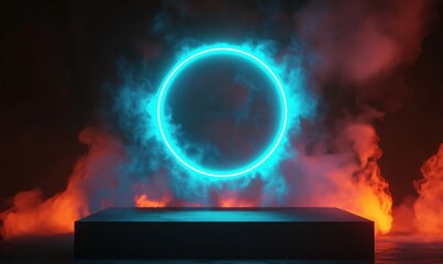 Poster - Glowing blue neon circle surrounded by colorful smoke on dark background