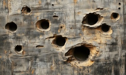 Poster - Wooden wall with various holes and textures showcasing natural decay and wear