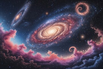 Wall Mural - dreamlike cosmic panorama with glowing spiral galaxy and whimsical nebula in stippling technique