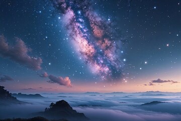 Wall Mural - enchanted milky way galaxy over a soothing blue haze with celestial stars and abstract nebula