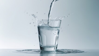 Poster - Pour fresh water into a glass with a water splash against a nature backdrop, isolated on a white background.