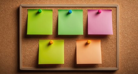 Blank colorful note paper displayed on a cork board, notification concept.