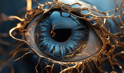 Poster - Intricate close-up of a human eye with golden organic patterns and vibrant blue iris