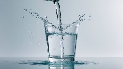 Poster - Pour fresh water into a glass with a nature backdrop, showcasing a water splash isolated on a white background.