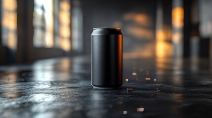 Poster - A black beverage can stands upright on a shiny surface. Warm golden light filters through large windows, creating a cozy atmosphere in the spacious room.