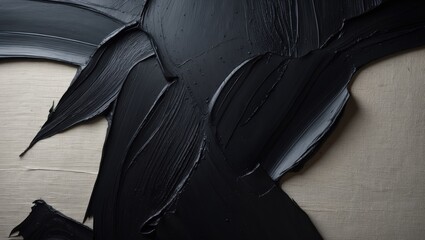 Poster - Black abstract paint applied with a brush and textures of watercolor oil color, creating lines on a canvas background.