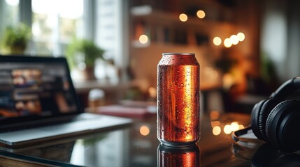 Aufkleber - A cold beverage can with condensation rests on a table beside a laptop and headphones, creating a relaxed atmosphere with soft lighting in a cozy room.