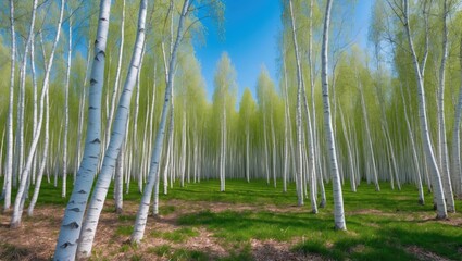 Poster - Birch grove in the springtime landscape background.