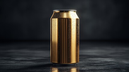 Poster - A golden can stands upright, showcasing its sleek surface and subtle condensation. The dimly lit background creates a moody atmosphere, emphasizing the shiny details of the can.