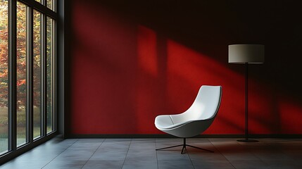 Poster - Modern Minimalist Interior Design Room with White Chair and Red Wall