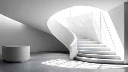 Aufkleber - Modern Minimalist Interior with Curved Staircase and Sunlight