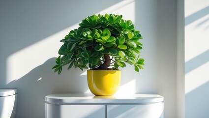 Poster - Crassula plant displayed on white commode in minimalist interior design.
