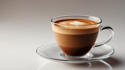 Poster - Coffee americano in a glass cup and saucer on a light background.