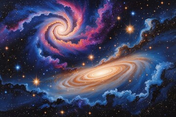 Wall Mural - celestial deep space artwork featuring a radiant galaxy, spiral nebula, and twinkling stars in point